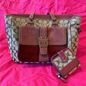 Coach Brown and Cream Signature Tote with Wallet